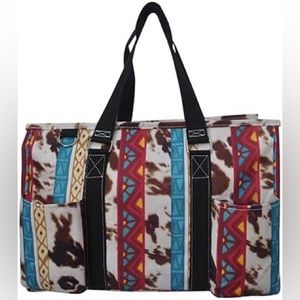 NGil Utility Water Resistant Tote Bag, Zippered top - Tribal Cow Print-black NIB